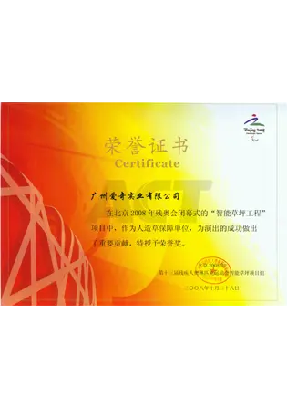 honorary certificate for beijing 2008 paralympic games